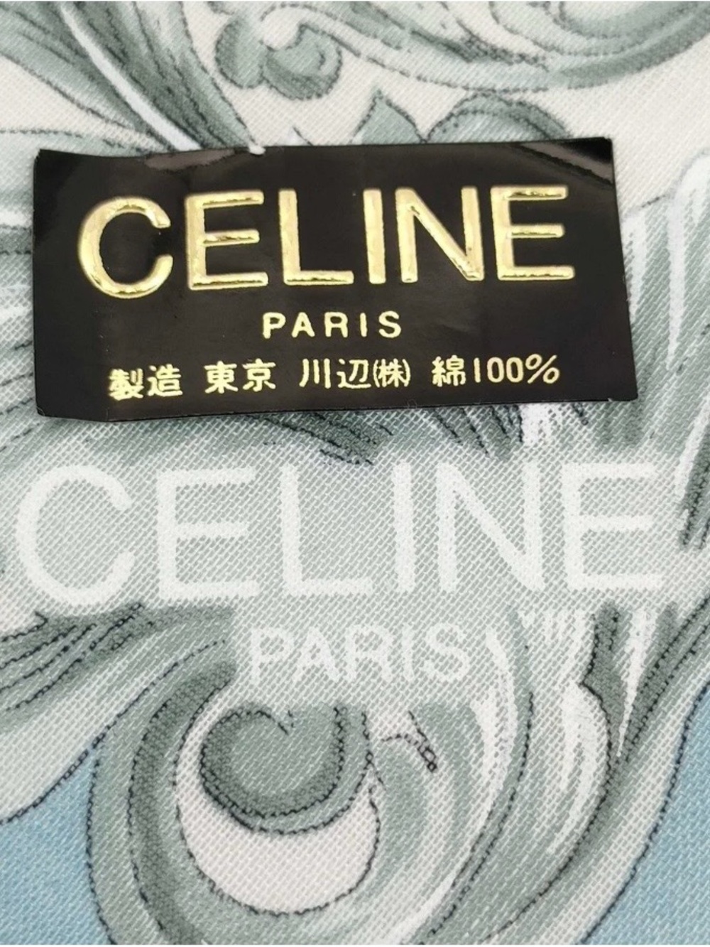 Vintage Celine Paris Cotton Scarf Handkerchief Sage Green Gold Chain - Picture 3 of 9